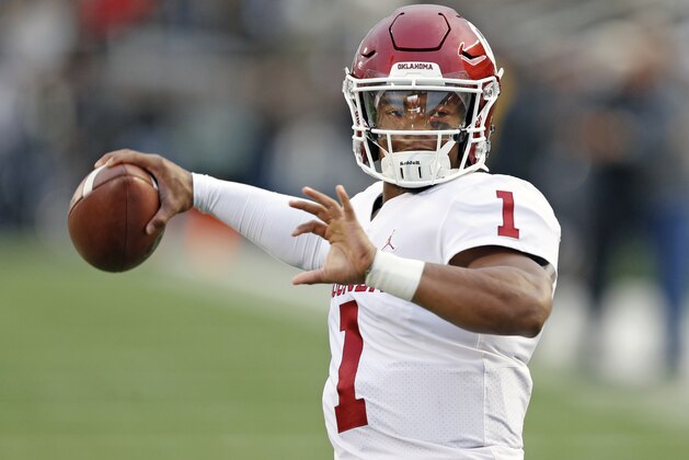 Oklahoma's Kyler Murray (1) throws the ball while warming up before an NCAA college football game against Texas Tech, Saturday, Nov. 3, 2018, in Lubbock, Texas. (AP Photo/Brad Tollefson)