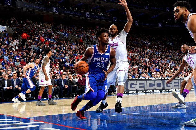PHILADELPHIA, PA - JANUARY 15: Jimmy Butler #23 of the Philadelphia 76ers handles the ball against the Minnesota Timberwolves on January 15, 2019 at the Wells Fargo Center in Philadelphia, Pennsylvania NOTE TO USER: User expressly acknowledges and agrees that, by downloading and/or using this Photograph, user is consenting to the terms and conditions of the Getty Images License Agreement. Mandatory Copyright Notice: Copyright 2019 NBAE (Photo by Jesse D. Garrabrant/NBAE via Getty Images)
