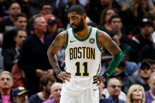 MIAMI, FL - JANUARY 10:  Kyrie Irving #11 of the Boston Celtics reacts against the Miami Heat at American Airlines Arena on January 10, 2019 in Miami, Florida. NOTE TO USER: User expressly acknowledges and agrees that, by downloading and or using this photograph, User is consenting to the terms and conditions of the Getty Images License Agreement.  (Photo by Michael Reaves/Getty Images)