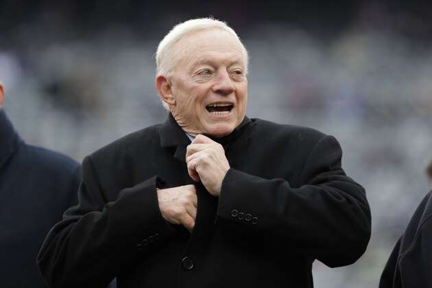 Dallas Cowboys owner Jerry Jones walks on the field before an NFL football game against the New York Giants, Sunday, Dec., 30, 2018, in East Rutherford, N.J. (AP Photo/Frank Franklin II)