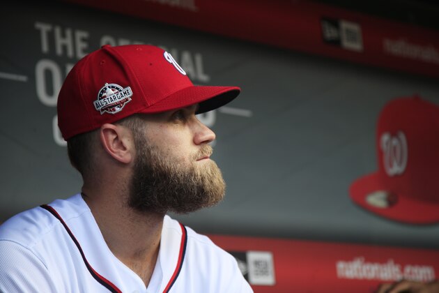 FILE - In this Sept. 26, 2018, file photo, Washington Nationals' Bryce Harper, looks at the baseball field from their dug out before the start of the Nationals last home game of the season against the Miami Marlins, in Washington. Not only didn't the Nationals get over the hump _ those spring training camels, notwithstanding _ they didn't even make the playoffs. And now the question looming over the franchise becomes whether Bryce Harper will leave as a free agent. (AP Photo/Manuel Balce Ceneta)