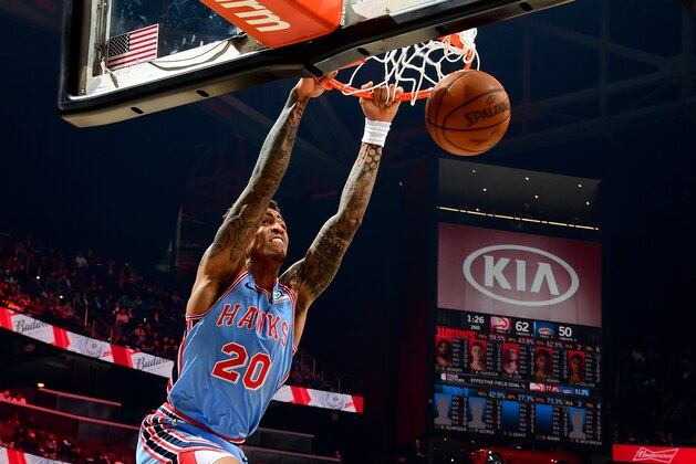 ATLANTA, GA - JANUARY 15: John Collins #20 of the Atlanta Hawks dunks the ball during the game against the Oklahoma City Thunder on January 15, 2019 at State Farm Arena in Atlanta, Georgia.  NOTE TO USER: User expressly acknowledges and agrees that, by downloading and/or using this Photograph, user is consenting to the terms and conditions of the Getty Images License Agreement. Mandatory Copyright Notice: Copyright 2019 NBAE (Photo by Scott Cunningham/NBAE via Getty Images)