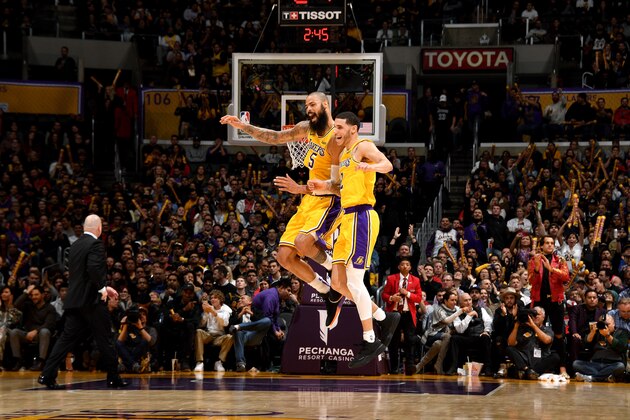 LOS ANGELES, CA - JANUARY 15: Tyson Chandler #5 and Lonzo Ball #2 of the Los Angeles Lakers react against the Chicago Bulls on January 15, 2019 at STAPLES Center in Los Angeles, California. NOTE TO USER: User expressly acknowledges and agrees that, by downloading and/or using this Photograph, user is consenting to the terms and conditions of the Getty Images License Agreement. Mandatory Copyright Notice: Copyright 2019 NBAE (Photo by Andrew D. Bernstein/NBAE via Getty Images)