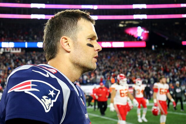 FOXBOROUGH, MA - OCTOBER 14:  Tom Brady #12 of the New England Patriots exits the field after a victory over the Kansas City Chiefs at Gillette Stadium on October 14, 2018 in Foxborough, Massachusetts.  (Photo by Adam Glanzman/Getty Images)