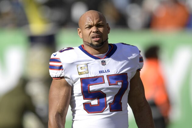 Buffalo Bills outside linebacker Lorenzo Alexander (57) warms up before an NFL football game against the New York Jets, Sunday, Nov. 11, 2018, in East Rutherford, N.J. (AP Photo/Bill Kostroun)