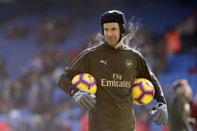 Arsenal's goalkeeper Petr Cech looks on before the English Premier League soccer match between Crystal Palace and Arsenal at Selhurst Park, London, Sunday, Oct. 28, 2018. (AP Photo/Frank Augstein)