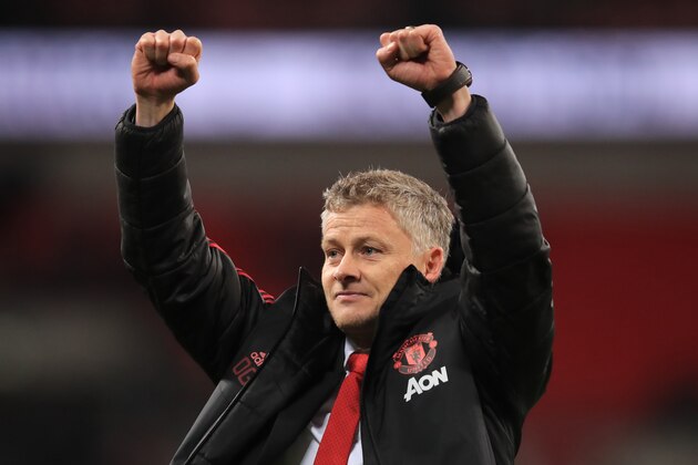 LONDON, ENGLAND - JANUARY 13:  Ole Gunnar Solskjaer manager of Manchester United celebrates the win during the Premier League match between Tottenham Hotspur and Manchester United at Wembley Stadium on January 13, 2019 in London, United Kingdom. (Photo by Marc Atkins/Getty Images)