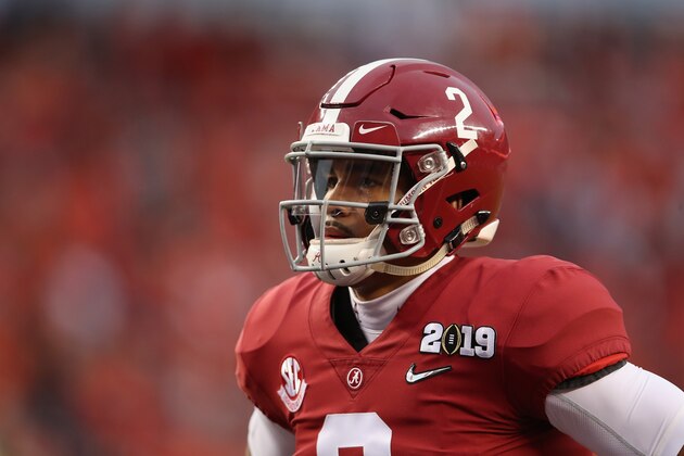 SANTA CLARA, CA - JANUARY 07:  Jalen Hurts #2 of the Alabama Crimson Tide warms up prior to the CFP National Championship against the Clemson Tigers presented by AT&T at Levi's Stadium on January 7, 2019 in Santa Clara, California.  (Photo by Christian Petersen/Getty Images)