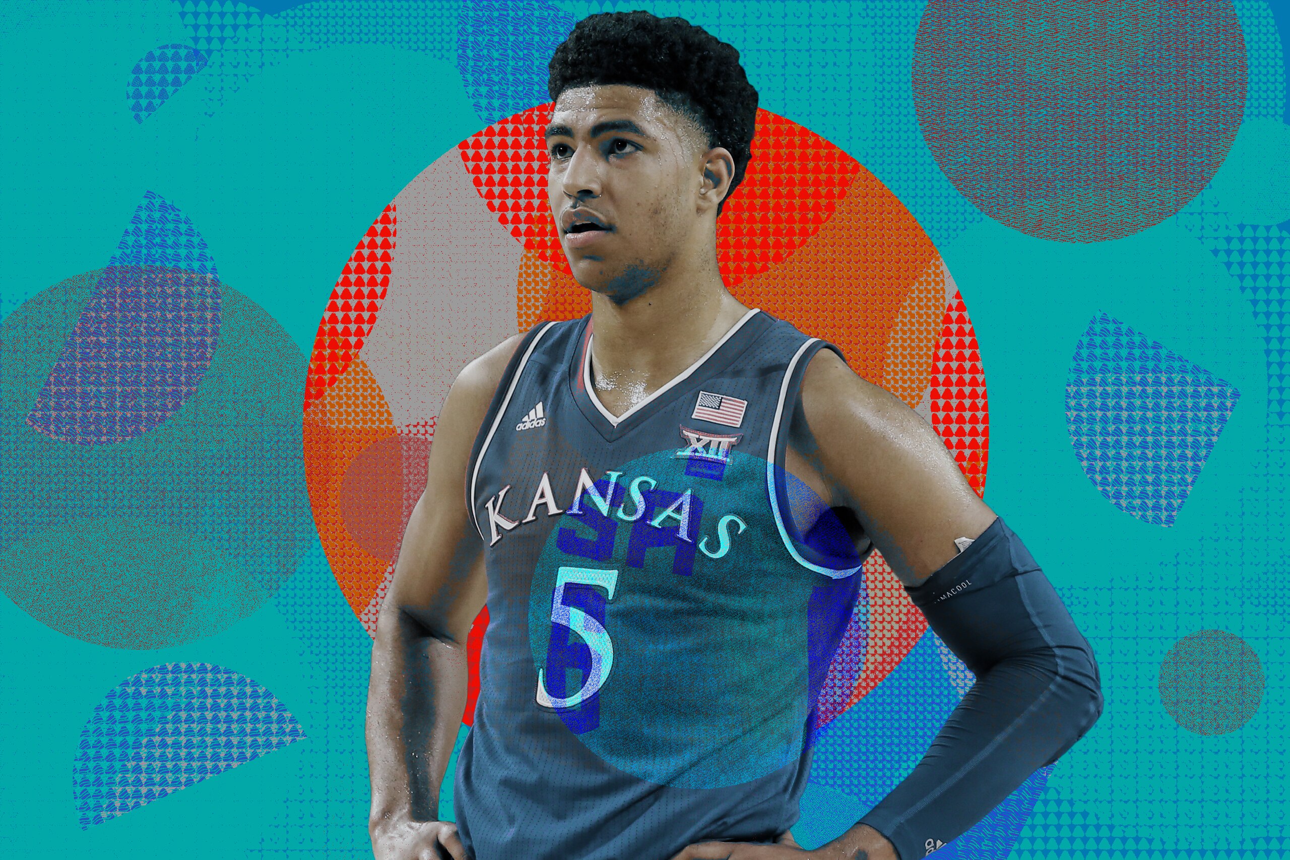 Kansas' Quentin Grimes (5) drives past Marquette's Joseph Chartouny (21) during the first half of an NCAA college basketball game in the NIT Season Tip-Off tournament Wednesday, Nov. 21, 2018, in New York. (AP Photo/Frank Franklin II)