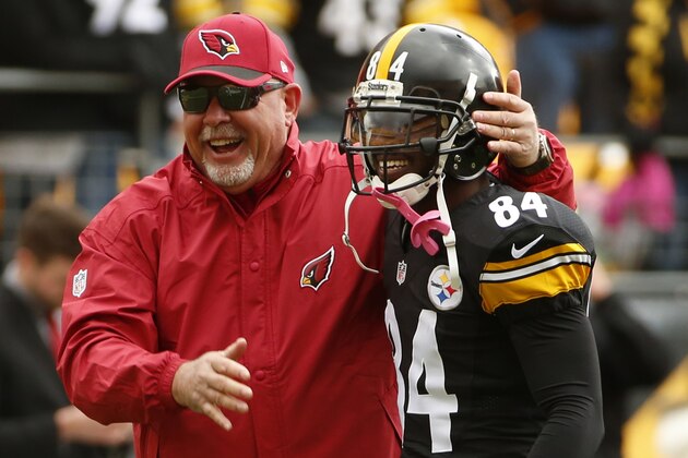 Pittsburgh Steelers wide receiver Antonio Brown (84) and Arizona Cardinals head coach Bruce Arians greet each other before an NFL football game, Sunday, Oct. 18, 2015 in Pittsburgh. (AP Photo/Gene J. Puskar)