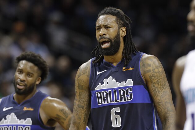 Dallas Mavericks' DeAndre Jordan (6) reacts after being called for a technical foul during the first half of an NBA basketball game against the Charlotte Hornets in Charlotte, N.C., Wednesday, Jan. 2, 2019. (AP Photo/Chuck Burton)