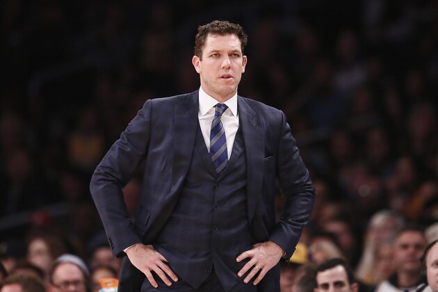 LOS ANGELES, CA - JANUARY 13: Head CoachLuke Walton of the Los Angeles Lakers looks on against the Cleveland Cavaliers on January 13, 2019 at STAPLES Center in Los Angeles, California. NOTE TO USER: User expressly acknowledges and agrees that, by downloading and/or using this Photograph, user is consenting to the terms and conditions of the Getty Images License Agreement. Mandatory Copyright Notice: Copyright 2019 NBAE (Photo by Chris Elise/NBAE via Getty Images)