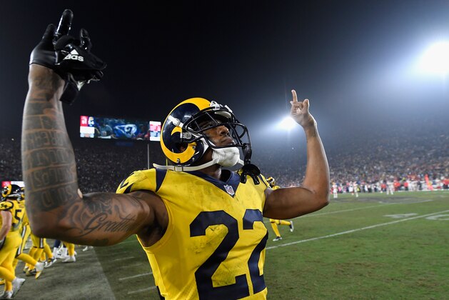LOS ANGELES, CA - NOVEMBER 19:  Marcus Peters #22 of the Los Angeles Rams celebrates defeating the Kansas City Chiefs with the score of 54-51 at Los Angeles Memorial Coliseum on November 19, 2018 in Los Angeles, California.  (Photo by Kevork Djansezian/Getty Images)