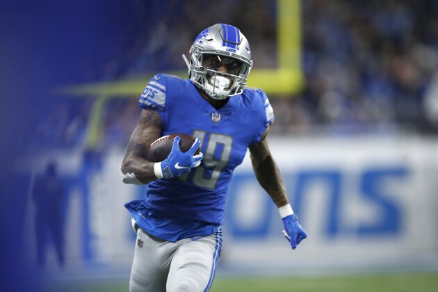 Detroit Lions wide receiver Kenny Golladay (19) runs with the ball after a catch against the Minnesota Vikings during an NFL football game, Sunday, Dec. 23, 2018, in Detroit. The Vikings won the game 27-9. (Jeff Haynes/AP Images for Panini) Detroit Lions wide receiver Kenny Golladay (19) runs with the ball after a catch against the Minnesota Vikings during an NFL football game, Sunday, Dec. 23, 2018, in Detroit. The Vikings won the game 27-9. (Jeff Haynes/AP Images for Panini)