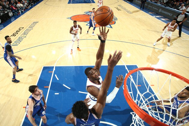 NEW YORK, NY - JANUARY 13: Noah Vonleh #32 of the New York Knicks shoots the ball against the Philadelphia 76ers on January 13, 2019 at Madison Square Garden in New York City, New York.  NOTE TO USER: User expressly acknowledges and agrees that, by downloading and or using this photograph, User is consenting to the terms and conditions of the Getty Images License Agreement. Mandatory Copyright Notice: Copyright 2019 NBAE  (Photo by Nathaniel S. Butler/NBAE via Getty Images)