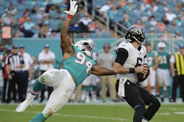 Miami Dolphins defensive end Robert Quinn (94) goes after Jacksonville Jaguars quarterback Cody Kessler (6) for a sack, during the second half at an NFL football game, Sunday, Dec. 23, 2018, in Miami Gardens, Fla. (AP Photo/Lynne Sladky)
