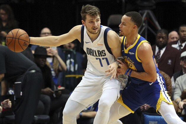 Dallas Mavericks guard Luka Doncic (77) tries to make an opening against Golden State Warriors guard Stephen Curry (30) in the first half of an NBA basketball game Wednesday, Jan. 13, 2019, in Dallas. (AP Photo/Richard W. Rodriguez)