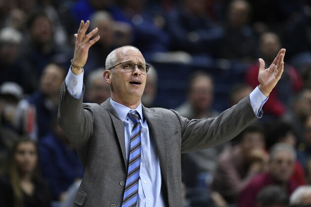 Connecticut head coach Dan Hurley during the first half of an NCAA college basketball game, Thursday, Jan. 10, 2019, in Storrs, Conn. (AP Photo/Jessica Hill)