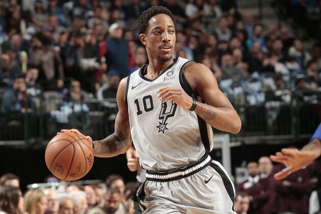 DALLAS, TX - JANUARY 16: DeMar DeRozan #10 of the San Antonio Spurs dribbles down court against the Dallas Mavericks on January 16, 2019 at the American Airlines Center in Dallas, Texas. NOTE TO USER: User expressly acknowledges and agrees that, by downloading and or using this photograph, User is consenting to the terms and conditions of the Getty Images License Agreement. Mandatory Copyright Notice: Copyright 2019 NBAE (Photo by Glenn James/NBAE via Getty Images) DALLAS, TX - JANUARY 16: DeMar DeRozan #10 of the San Antonio Spurs dribbles down court against the Dallas Mavericks on January 16, 2019 at the American Airlines Center in Dallas, Texas. NOTE TO USER: User expressly acknowledges and agrees that, by downloading and or using this photograph, User is consenting to the terms and conditions of the Getty Images License Agreement. Mandatory Copyright Notice: Copyright 2019 NBAE (Photo by Glenn James/NBAE via Getty Images)