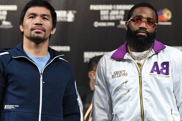 LAS VEGAS, NEVADA - JANUARY 16:  WBA welterweight champion Manny Pacquiao (L) and Adrien Broner pose during a news conference at MGM Grand Hotel & Casino on January 16, 2019 in Las Vegas, Nevada. Pacquiao will defend his title against Broner on January 19 at MGM Grand Garden Arena in Las Vegas.  (Photo by Ethan Miller/Getty Images)