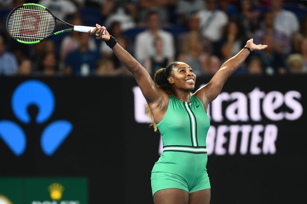 Serena Williams of the US reacts after a point against Canada's Eugenie Bouchard during their women's singles match on day four of the Australian Open tennis tournament in Melbourne on January 17, 2019. (Photo by Jewel SAMAD / AFP) / -- IMAGE RESTRICTED TO EDITORIAL USE - STRICTLY NO COMMERCIAL USE --        (Photo credit should read JEWEL SAMAD/AFP/Getty Images)