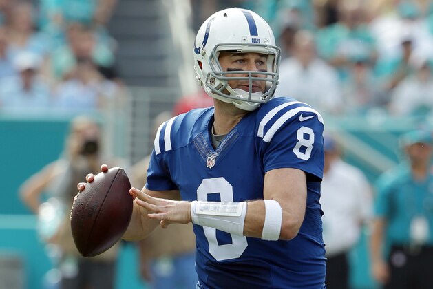 Indianapolis Colts quarterback Matt Hasselbeck (8) looks to pass during the first half of an NFL football game against the Miami Dolphins, Sunday, Dec. 27, 2015, in Miami Gardens, Fla.  (AP Photo/Lynne Sladky)