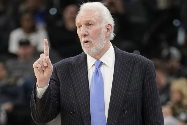 San Antonio Spurs head coach Gregg Popovich signals to his players during the second half of an NBA basketball game against the Charlotte Hornets, Monday, Jan. 14, 2019, in San Antonio. Charlotte won 108-93. (AP Photo/Darren Abate)