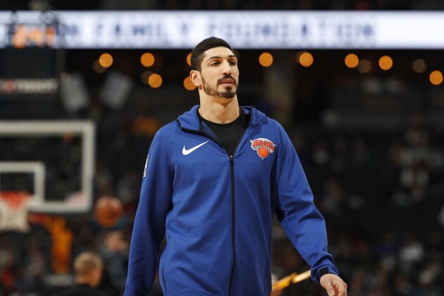 New York Knicks center Enes Kanter (00) in the first half of an NBA basketball game Tuesday, Jan. 1, 2019, in Denver. (AP Photo/David Zalubowski)