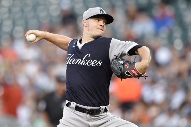 New York Yankees starting pitcher Sonny Gray delivers a pitch during the first inning of the second baseball game of a split doubleheader against the Baltimore Orioles, Saturday, Aug. 25, 2018, in Baltimore. (AP Photo/Nick Wass) New York Yankees starting pitcher Sonny Gray delivers a pitch during the first inning of the second baseball game of a split doubleheader against the Baltimore Orioles, Saturday, Aug. 25, 2018, in Baltimore. (AP Photo/Nick Wass)