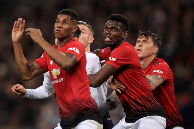 LONDON, ENGLAND - JANUARY 13: Paul Pogba, Marcus Rashford and Victor Lindelof of Manchester United during the Premier League match between Tottenham Hotspur and Manchester United at Wembley Stadium on January 13, 2019 in London, United Kingdom. (Photo by Marc Atkins/Getty Images)
