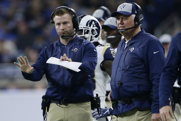 Los Angeles Rams head coach Sean McVay motions to his team with defensive coordinator Wade Phillips, right, during the second half of an NFL football game, Sunday, Dec. 2, 2018, in Detroit. (AP Photo/Duane Burleson)