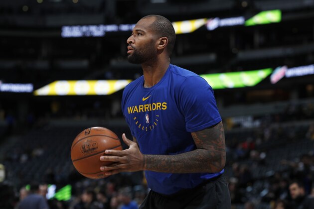 Golden State Warriors center DeMarcus Cousins (0) in the first half of an NBA basketball game Tuesday, Jan. 15, 2019, in Denver. (AP Photo/David Zalubowski)