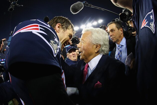 FOXBOROUGH, MA - JANUARY 21:  Tom Brady #12 of the New England Patriots celebrates with owner Robert Kraft after winning the AFC Championship Game against the Jacksonville Jaguars at Gillette Stadium on January 21, 2018 in Foxborough, Massachusetts.  (Photo by Maddie Meyer/Getty Images)