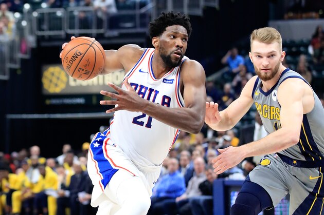 INDIANAPOLIS, IN - JANUARY 17:  Joel Embiid #21 of the Philadelphia 76ers dribbles the ball against the Indiana Pacers at Bankers Life Fieldhouse on January 17, 2019 in Indianapolis, Indiana.   NOTE TO USER: User expressly acknowledges and agrees that, by downloading and or using this photograph, User is consenting to the terms and conditions of the Getty Images License Agreement.  (Photo by Andy Lyons/Getty Images)