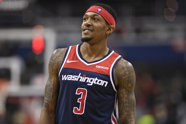 Washington Wizards guard Bradley Beal (3) stands on the court during the first half of an NBA basketball game against the Toronto Raptors, Sunday, Jan. 13, 2019, in Washington. (AP Photo/Nick Wass)