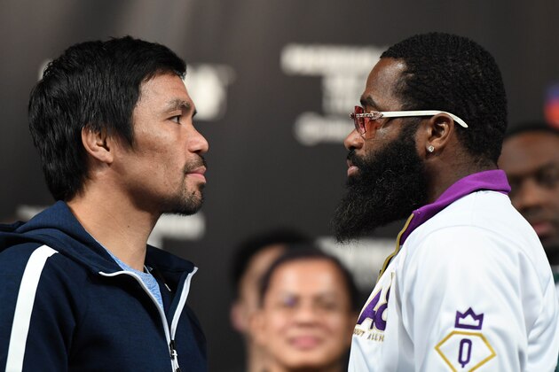 LAS VEGAS, NEVADA - JANUARY 16:  WBA welterweight champion Manny Pacquiao (L) and Adrien Broner face off during a news conference at MGM Grand Hotel & Casino on January 16, 2019 in Las Vegas, Nevada. Pacquiao will defend his title against Broner on January 19 at MGM Grand Garden Arena in Las Vegas.  (Photo by Ethan Miller/Getty Images)