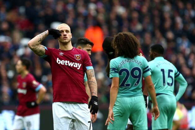 LONDON, ENGLAND - JANUARY 12: Marko Arnautovic of West Ham United gestures during the Premier League match between West Ham United and Arsenal at London Stadium on January 12, 2019 in London, United Kingdom. (Photo by Chloe Knott - Danehouse/Getty Images)
