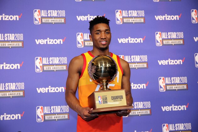 LOS ANGELES, CA - FEBRUARY 17:  Donovan Mitchell #45 of the Utah Jazz poses with his trophy following his victory in the Verizon Slam Dunk Contest during State Farm All-Star Saturday Night as part of the 2018 NBA All-Star Weekend on February 17, 2018 at STAPLES Center in Los Angeles, California. NOTE TO USER: User expressly acknowledges and agrees that, by downloading and/or using this photograph, user is consenting to the terms and conditions of the Getty Images License Agreement.  Mandatory Copyright Notice: Copyright 2018 NBAE (Photo by Steve Baffo/NBAE via Getty Images)