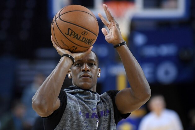 OAKLAND, CA - DECEMBER 25:  Rajon Rondo #9 of the Los Angeles Lakers warms up prior to the start of an NBA basketball game against the Golden State Warriors at ORACLE Arena on December 25, 2018 in Oakland, California. NOTE TO USER: User expressly acknowledges and agrees that, by downloading and or using this photograph, User is consenting to the terms and conditions of the Getty Images License Agreement. (Photo by Thearon W. Henderson/Getty Images)