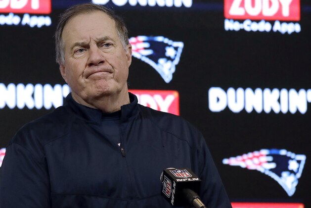 New England Patriots head coach Bill Belichick speaks to the media following an NFL divisional playoff football game against the Los Angeles Chargers, Sunday, Jan. 13, 2019, in Foxborough, Mass. (AP Photo/Elise Amendola) New England Patriots head coach Bill Belichick speaks to the media following an NFL divisional playoff football game against the Los Angeles Chargers, Sunday, Jan. 13, 2019, in Foxborough, Mass. (AP Photo/Elise Amendola)