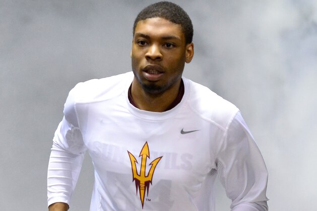 LAS VEGAS, NV - MARCH 13:  Jermaine Marshall #34 of the Arizona State Sun Devils is introduced during a quarterfinal game of the Pac-12 Basketball Tournament against the Stanford Cardinal at the MGM Grand Garden Arena on March 13, 2014 in Las Vegas, Nevada. Stanford won 79-58.  (Photo by Ethan Miller/Getty Images)
