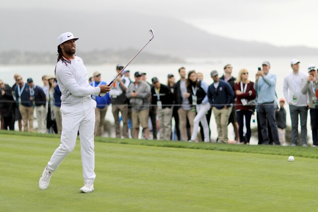 PEBBLE BEACH, CA - FEBRUARY 11:  Larry Fitzgerald plays his shot from the 14th tee during the Final Round of the AT&T Pebble Beach Pro-Am at Pebble Beach Golf Links on February 11, 2018 in Pebble Beach, California.   (Photo by Mike Ehrmann/Getty Images)
