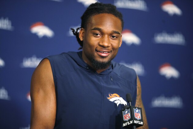 Denver Broncos cornerback Bradley Roby jokes with reporters during a news conference at the NFL football team's headquarters Wednesday, May 2, 2018, in Englewood, Colo. (AP Photo/David Zalubowski)