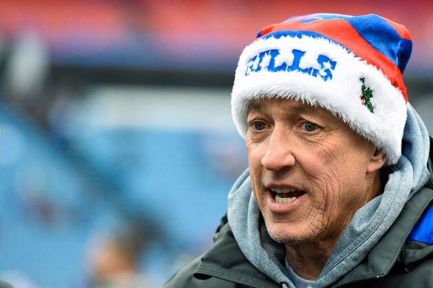 ORCHARD PARK, NY - DECEMBER 24:  Hall of Fame quarterback Jim Kelly prior to the game between the Miami Dolphins and the Buffalo Bills at New Era Field on December 24, 2016 in Orchard Park, New York. The Miami Dolphins defeated the Buffalo Bills 34-31 in overtime. (Photo by Rich Barnes/Getty Images)