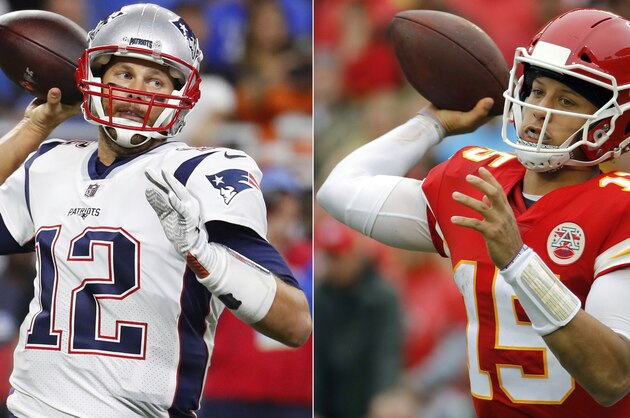 FILE - At left, in a Sept. 23, 2018, file photo, New England Patriots quarterback Tom Brady throws during the first half of an NFL football game against the Detroit Lions, in Detroit. At right, in an Oct. 7, 2018, file photo, Kansas City Chiefs quarterback Patrick Mahomes (15) throws a pass during the first half of an NFL football game against the Jacksonville Jaguars, in Kansas City, Mo. One is the sixth-round pick that became arguably the greatest quarterback in NFL history. The other is the first-round choice in his first full season as starter. Yet there are similarities between the Patriots’ Tom Brady and the Chiefs’ Patrick Mahomes, and some day their resumes may be similar, too. (AP Photo/File)