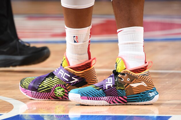 DETROIT, MI - JANUARY 18: The sneakers of Dwyane Wade #3 of the Miami Heat are worn during a game against the Detroit Pistons on January 18, 2019 at Little Caesars Arena in Detroit, Michigan. NOTE TO USER: User expressly acknowledges and agrees that, by downloading and/or using this photograph, User is consenting to the terms and conditions of the Getty Images License Agreement. Mandatory Copyright Notice: Copyright 2019 NBAE (Photo by Chris Schwegler/NBAE via Getty Images)