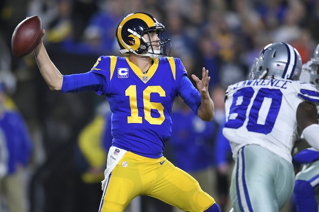 LOS ANGELES, CA - JANUARY 12: Los Angeles Rams quarterback Jared Goff #16 throws a pass in win over the Dallas Cowboys at Los Angeles Memorial Coliseum on January 12, 2019 in Los Angeles, California. (Photo by John McCoy/Getty Images)