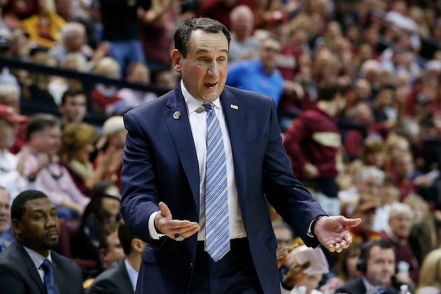 TALLAHASSEE, FL - JANUARY 12:  Head coach Mike Krzyzewski of the Duke Blue Devils reacts against the Florida State Seminoles at Donald L. Tucker Center on January 12, 2019 in Tallahassee, Florida.  (Photo by Michael Reaves/Getty Images)