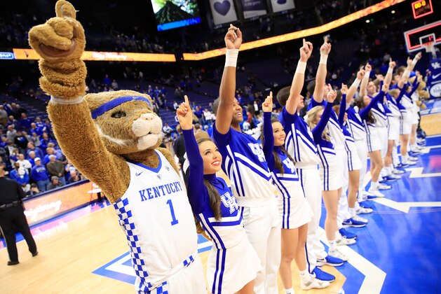 LEXINGTON, KY - NOVEMBER 21:  The Kentucky Wildcats cheerleaders perform after the game against the Winthrop Eagles at Rupp Arena on November 21, 2018 in Lexington, Kentucky.  (Photo by Andy Lyons/Getty Images)