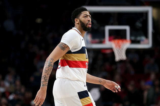 PORTLAND, OR - JANUARY 18:  Anthony Davis #23 of the New Orleans Pelicans reacts in the second half against the Portland Trail Blazers during their game at Moda Center on January 18, 2019 in Portland, Oregon. NOTE TO USER: User expressly acknowledges and agrees that, by downloading and or using this photograph, User is consenting to the terms and conditions of the Getty Images License Agreement.  (Photo by Abbie Parr/Getty Images)